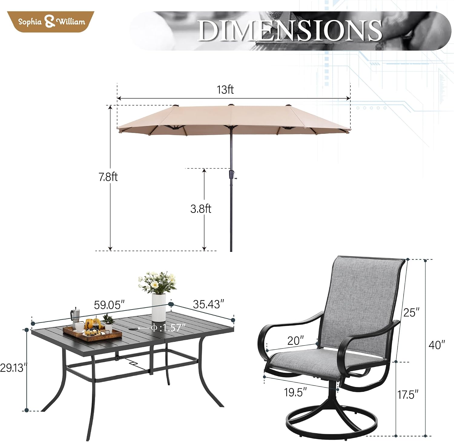Sophia & William Patio Set with Umbrella 8 Pieces Outdoor Dining Set for 6 with 13ft Large Patio Umbrella Beige, 6 x Grey Swivel Patio Chairs with 59' Dining Table for Lawn Garden