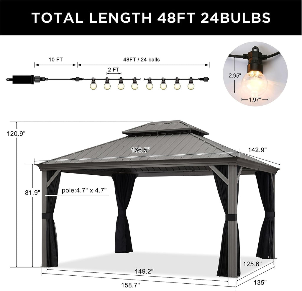 PURPLE LEAF 12' X 14' Permanent Hardtop Gazebo Galvanized Steel Double Roof Pavilion with Aluminum Frames Heavy Duty Patio Gazebo for Pool Patio Deck Garden,Netting and Curtains Included, Light Grey