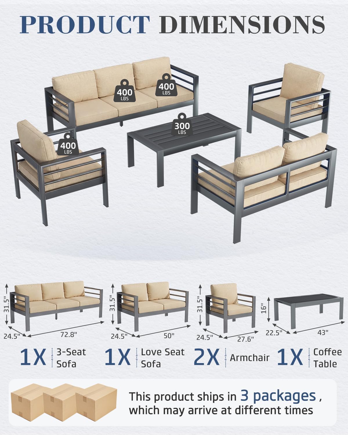 AECOJOY Aluminum Patio Furniture Set, 7 Seats Modern Outdoor Furniture with Coffee Table, 5 Pieces Metal Conversation Sectional Sofa, Beige