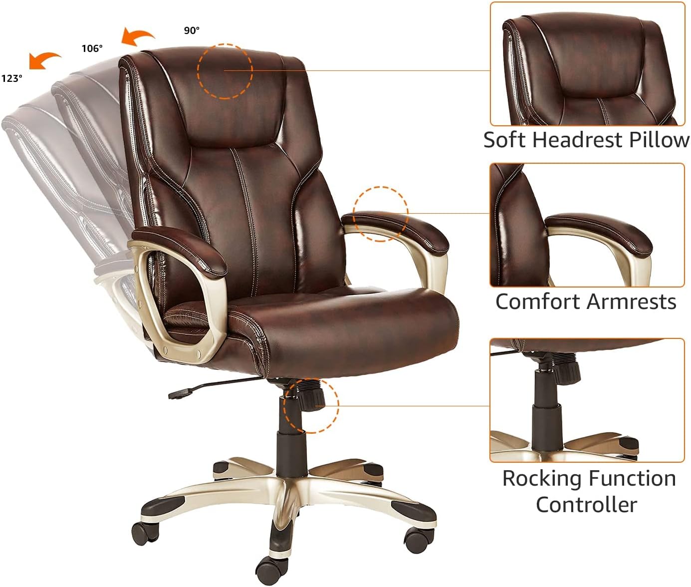Amazon Basics Executive High Back Office Chair, Adjustable Height, Tilt, Swivel, Padded Armrests, Brown/Gold