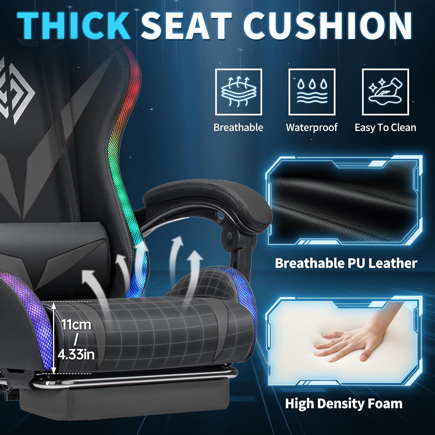 RGB Gaming Chair with Massage and LED Lights Ergonomic Video Game Chairs with Footrest High Back Reclining Computer Chair with Adjustable Lumbar Support Grey and Black