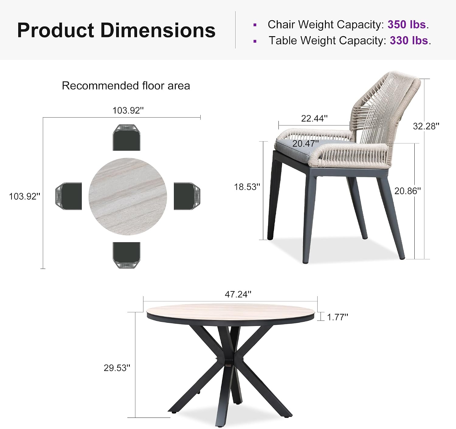 PURPLE LEAF 5 Pieces Round Dining Set Patio Aluminum Modern Oversize Round Table and Wicker Chairs with Cushions for Kitchen Porch Garden Outdoor Furniture Sets, Beige and Dark Grey