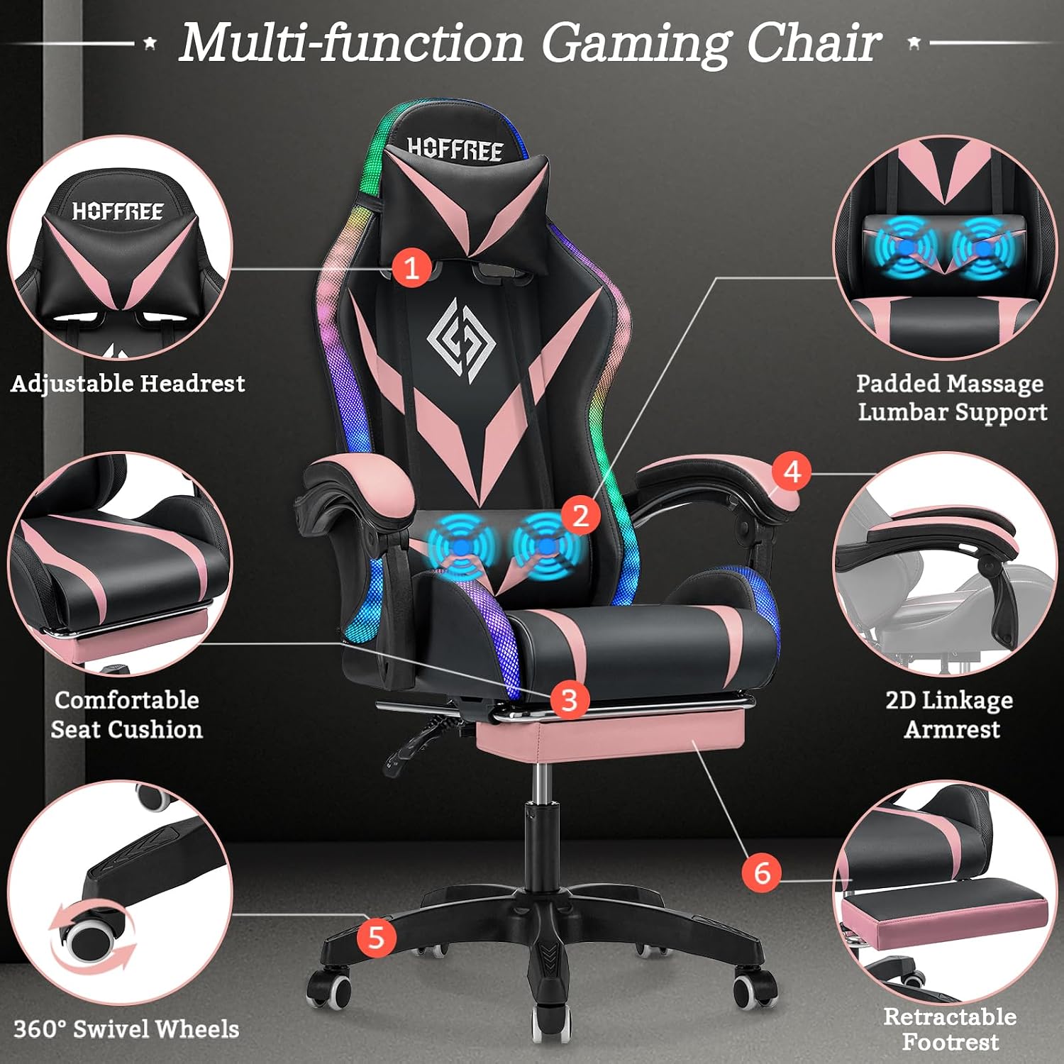 Gaming Chair with Bluetooth Speakers and RGB LED Lights Ergonomic Massage Video Game Chair with Footrest for Girls High Back with Lumbar Support Black Pink