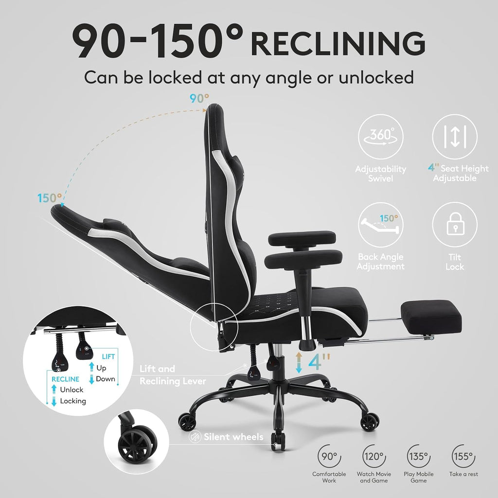 Gaming Chair Breathable Fabric,Computer Office Chair with Footrest,Massage Lumbar Support and Gel Pad,Ergonomic Reclining Gamer Chair with Adjustable Armrests and Spring Cushion Black Grey