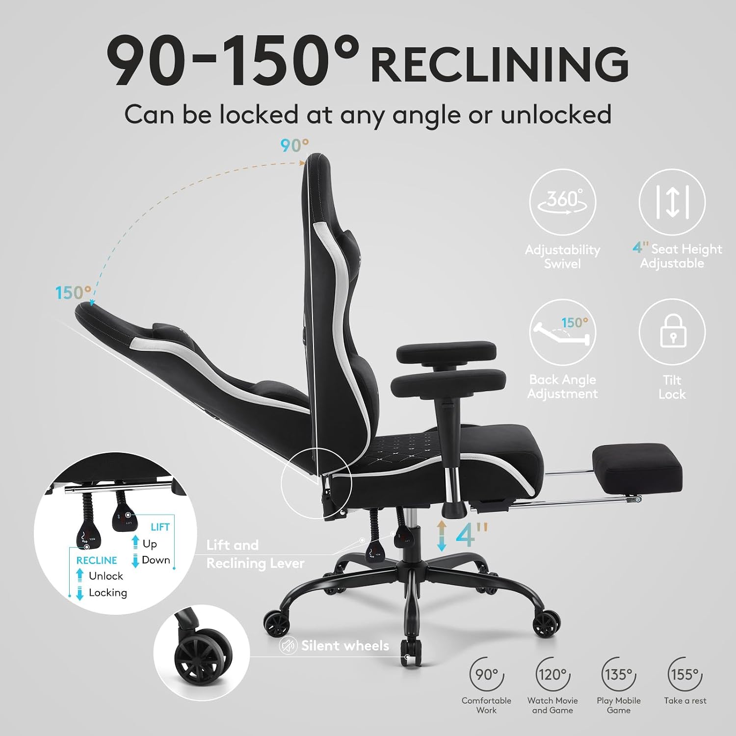 Gaming Chair Breathable Fabric,Computer Office Chair with Footrest,Massage Lumbar Support and Gel Pad,Ergonomic Reclining Gamer Chair with Adjustable Armrests and Spring Cushion Black Grey