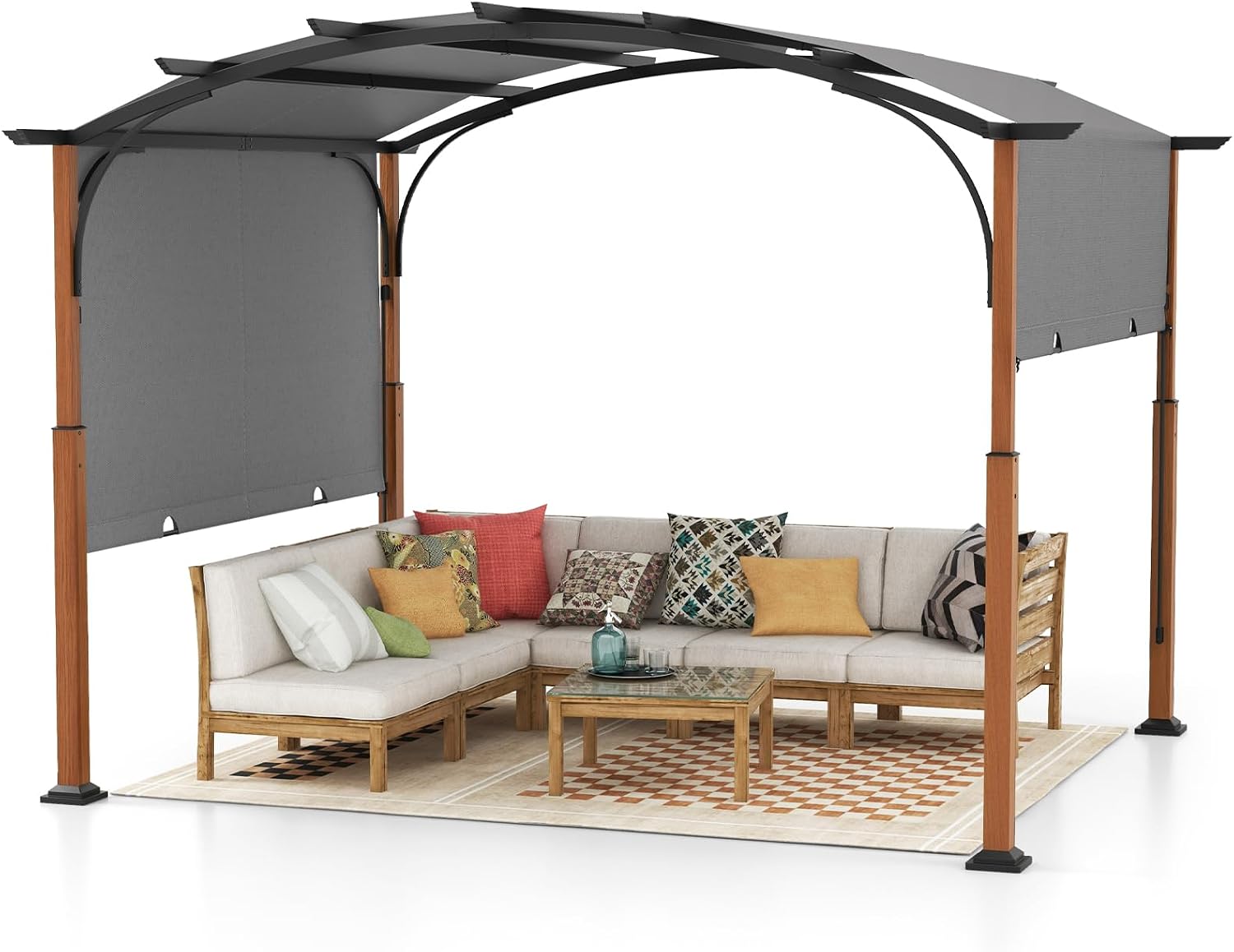 Tangkula 10x12Ft Pergola, Arched,with Retractable Sun Shade Canopy, Extra Large Patio Shelter Pavilion, Outdoor Pergola for Deck, Porch, Garden, Yard (Grey)