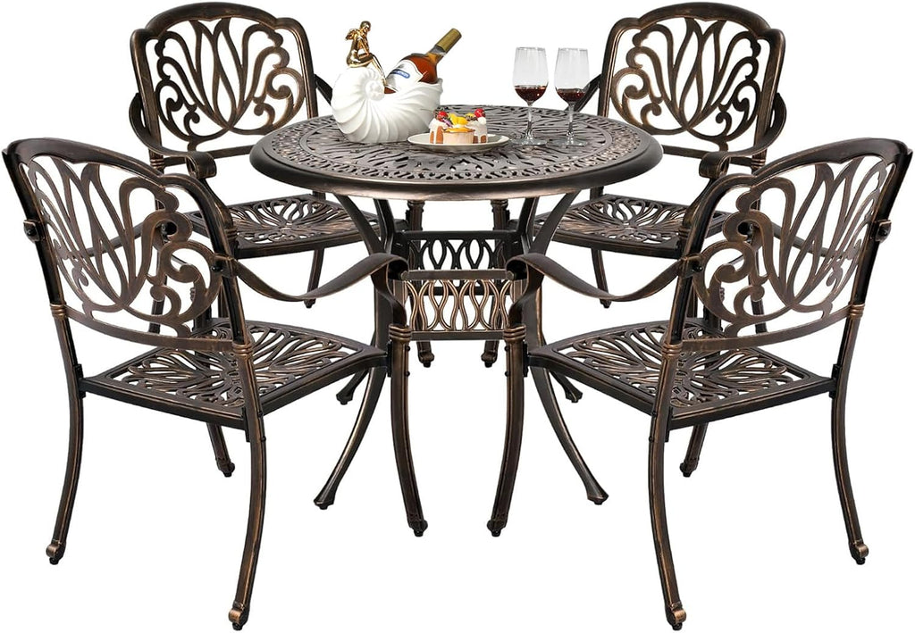 VINGLI 5 Pieces Outdoor Patio Dining Set, Cast Aluminium Patio Furniture Set with 4 Chairs and 1 Umbrella Table for Yard, Garden, Porch and Poolside, Bronze