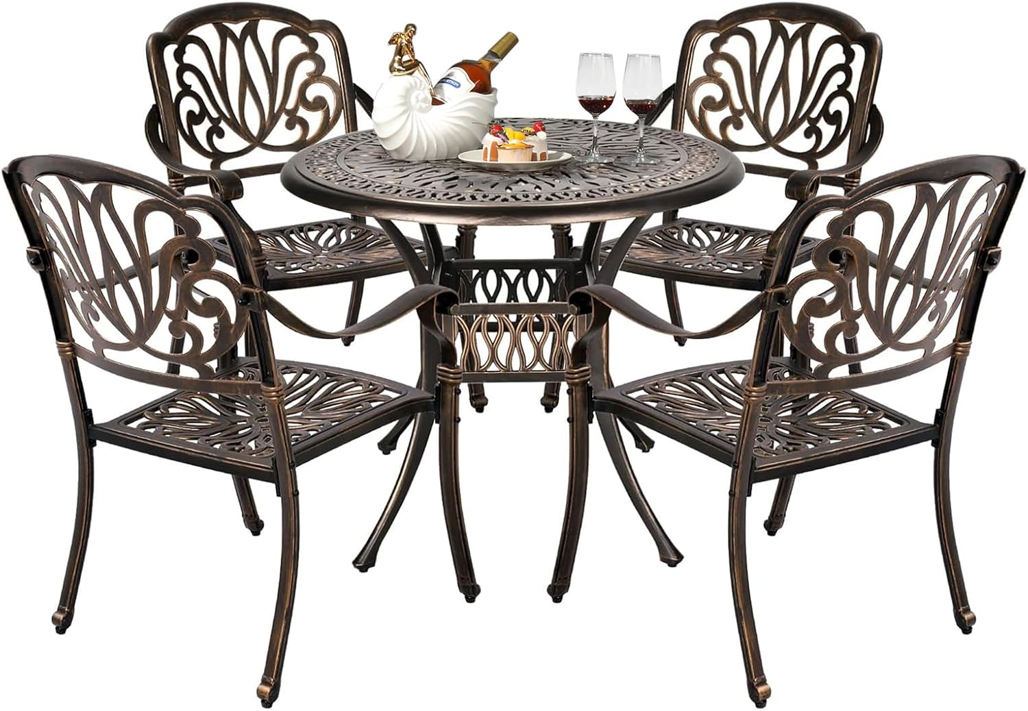 VINGLI 5 Pieces Outdoor Patio Dining Set, Cast Aluminium Patio Furniture Set with 4 Chairs and 1 Umbrella Table for Yard, Garden, Porch and Poolside, Bronze