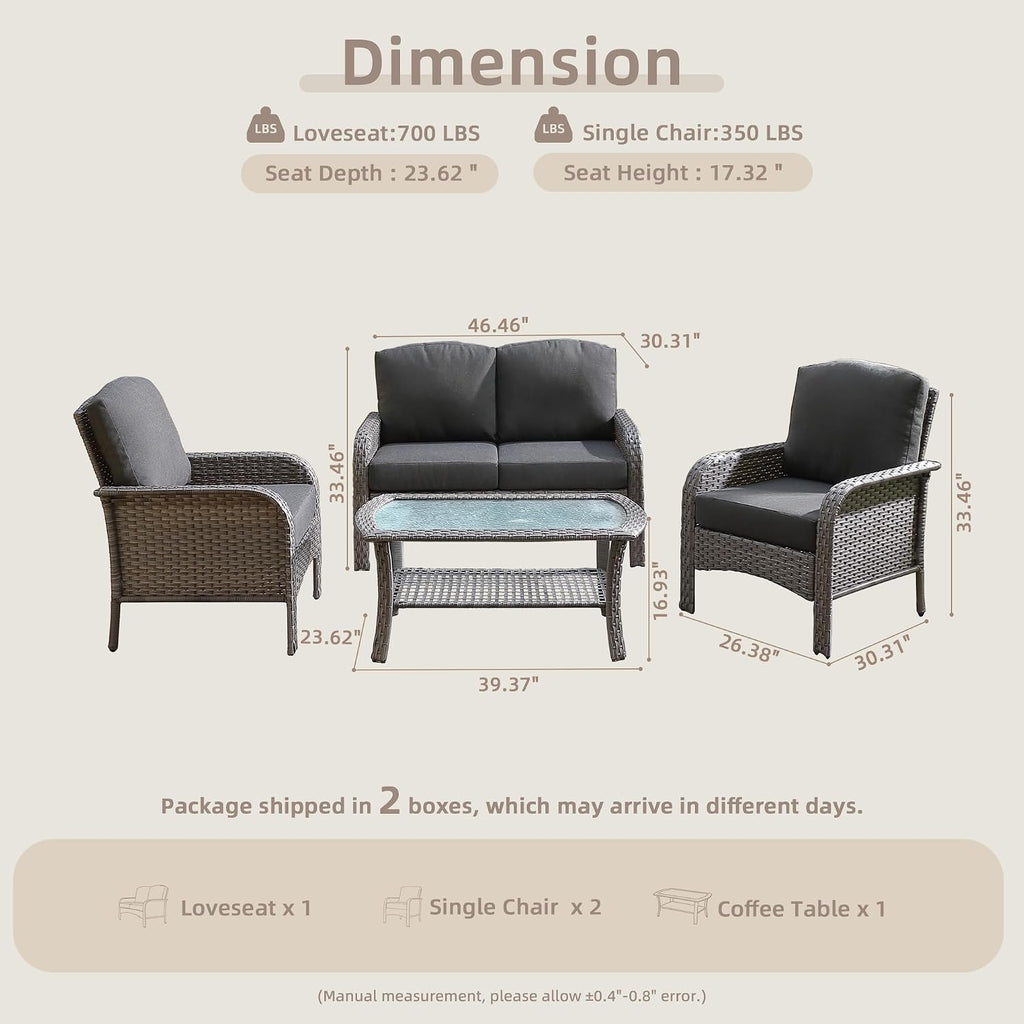 CAODOC 4-Piece Wicker Patio Furniture Set, All-Weather Rattan Conversation Bistro Loveseat Chair and Table Set for Backyard, Balcony and Deck with Soft Cushions and Metal Table(Black)
