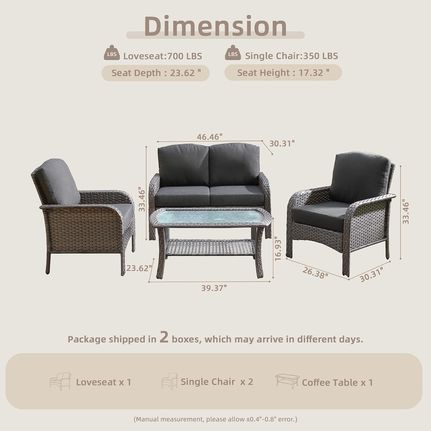 CAODOC 4-Piece Wicker Patio Furniture Set, All-Weather Rattan Conversation Bistro Loveseat Chair and Table Set for Backyard, Balcony and Deck with Soft Cushions and Metal Table(Black)