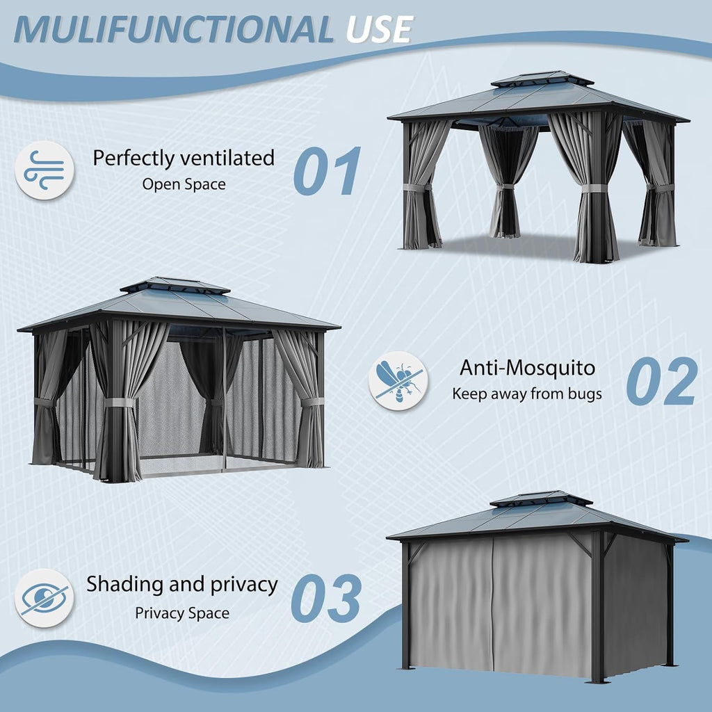 Aoxun 10'x12' Hardtop Gazebo, Aluminum Framed Outdoor Gazebo with Double Polycarbonate Roof, Durable Pavilion with Curtains & Netting for Patio, Garden, and Lawn