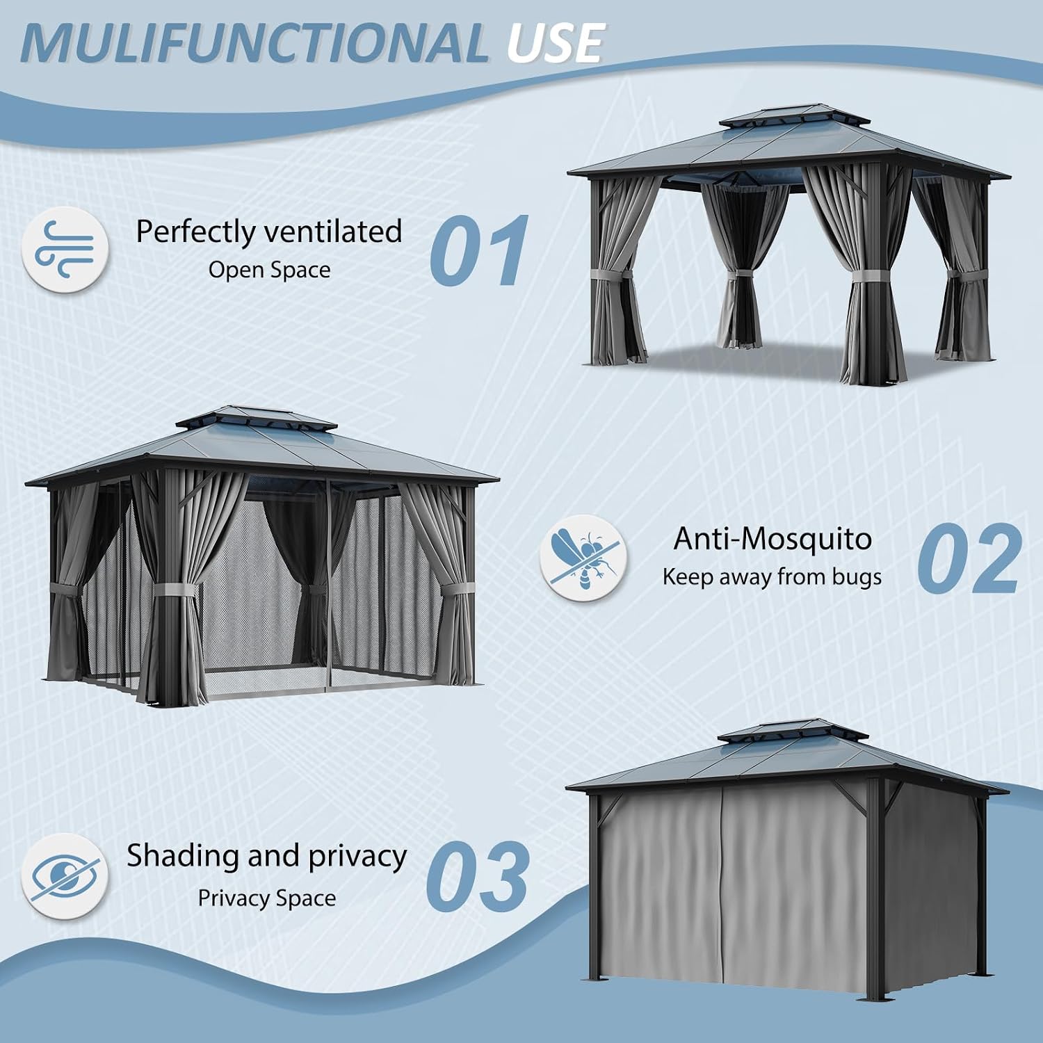 Aoxun 10'x12' Hardtop Gazebo, Aluminum Framed Outdoor Gazebo with Double Polycarbonate Roof, Durable Pavilion with Curtains & Netting for Patio, Garden, and Lawn