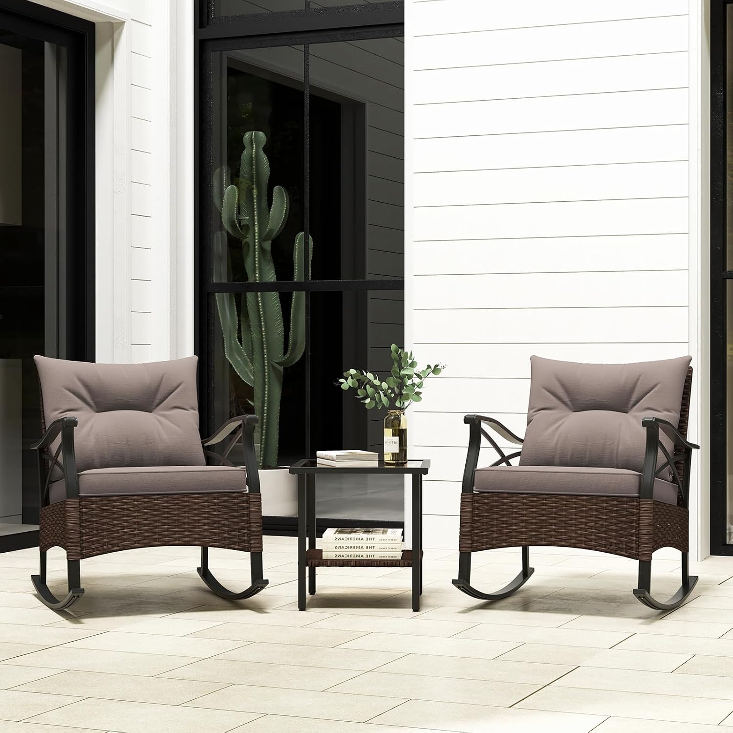 Tangkula 3 Pieces Outdoor Rocking Chairs Set, Rattan Heavy Duty Cushioned Rocker Chairs with 2-Tier Tempered Glass Coffee Table, for Garden, Balcony, Backyard