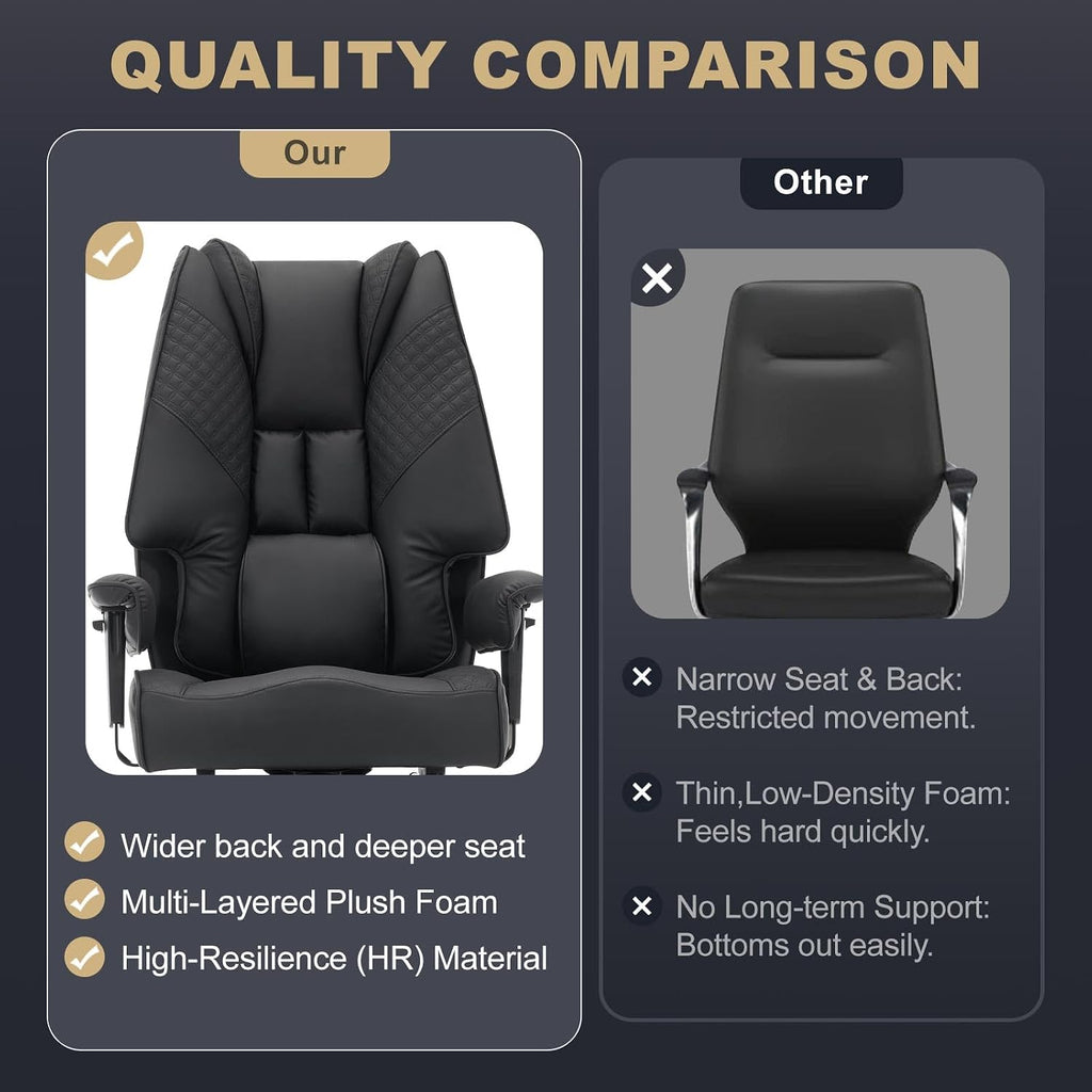 EXCEBET Big and Tall Office Chair 400lbs Wide Seat, Leather High Back Executive Office Chair with Foot Rest, Ergonomic Chairs Lumbar Support for Lower Back Pain Relief (Black)