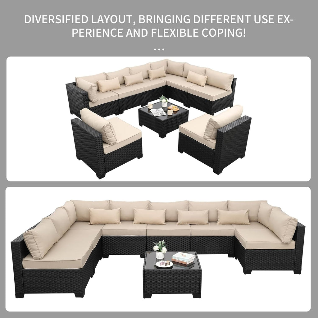 Rattaner 9 Pieces Outdoor Sectional All-Weather Wicker Patio Furniture Set Patio Sectional Glass Patio Table Non-Slip Cushions and Waterproof Covers, Khaki