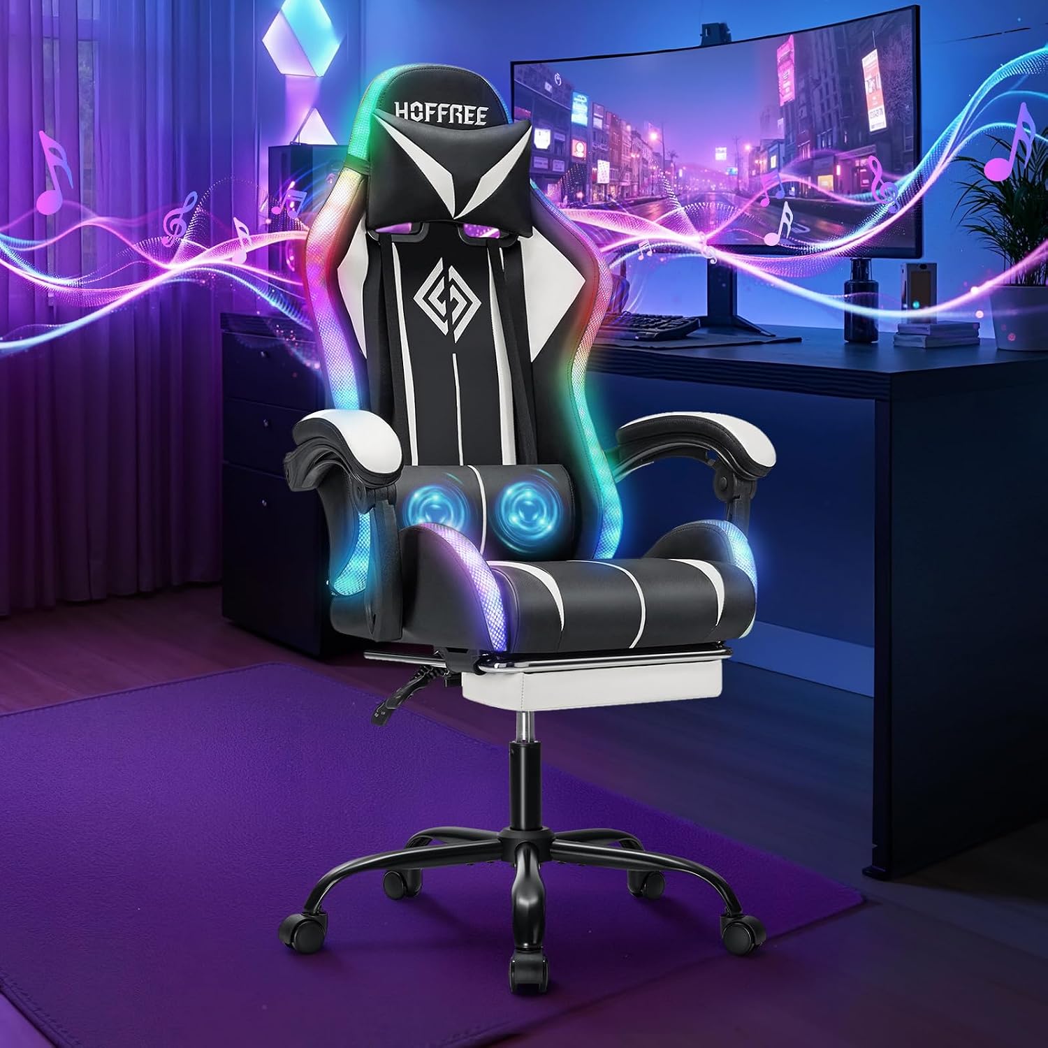 HOFFREE RGB Gaming Chair with Speakers Massage Computer Gaming Chair with LED Lights and Footrest High Back Video Game Chair for Adults White and Black