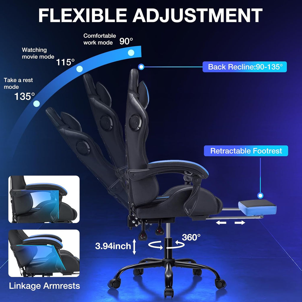 Gaming Chair with Bluetooth Speakers and RGB LED Lights Ergonomic Massage Video Game Chair with Footrest High Back with Lumbar Support Blue and Black