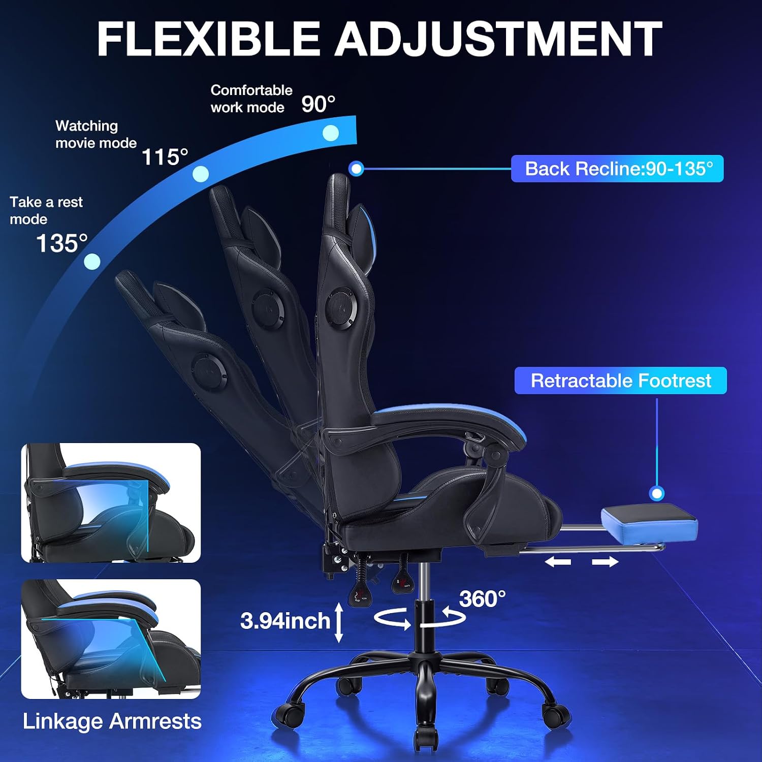 Gaming Chair with Bluetooth Speakers and RGB LED Lights Ergonomic Massage Video Game Chair with Footrest High Back with Lumbar Support Blue and Black
