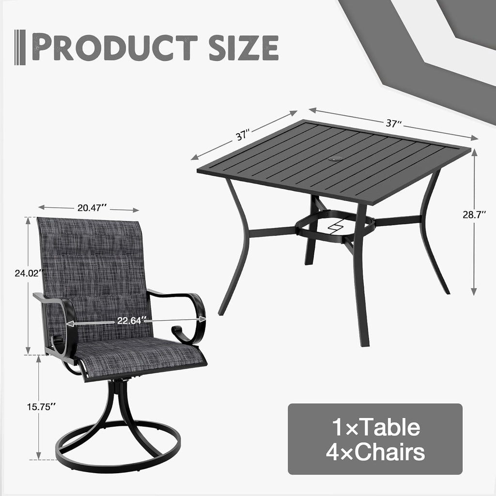 MELLCOM 5 Pieces Outdoor Dining Set, 4 Swivel Rocker Chairs with High Back Textilene & Square Metal Dining Table with Umbrella Hole, Patio Furniture Set for Porch, Garden, Backyard, Deck, Grey