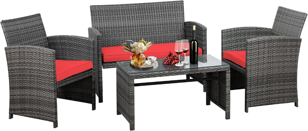 JAMFLY 4 Piece Outdoor Patio Furniture Set, Outdoor Wicker Rattan Chairs Conversation Sets with Cushions & Coffee Table for Outside, Garden, Balcony, Porch, Red