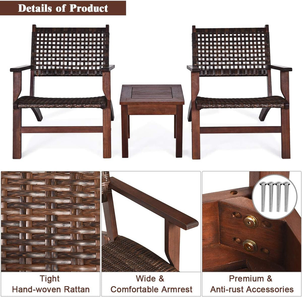 Tangkula 3 Pieces Patio Conversation Set, Solid Eucalyptus Wood Frame Outdoor Wicker Furniture Set Bistro Set with Coffee Table, Rattan Furniture Set for Backyard Porch Garden Poolside Balcony (Brown)