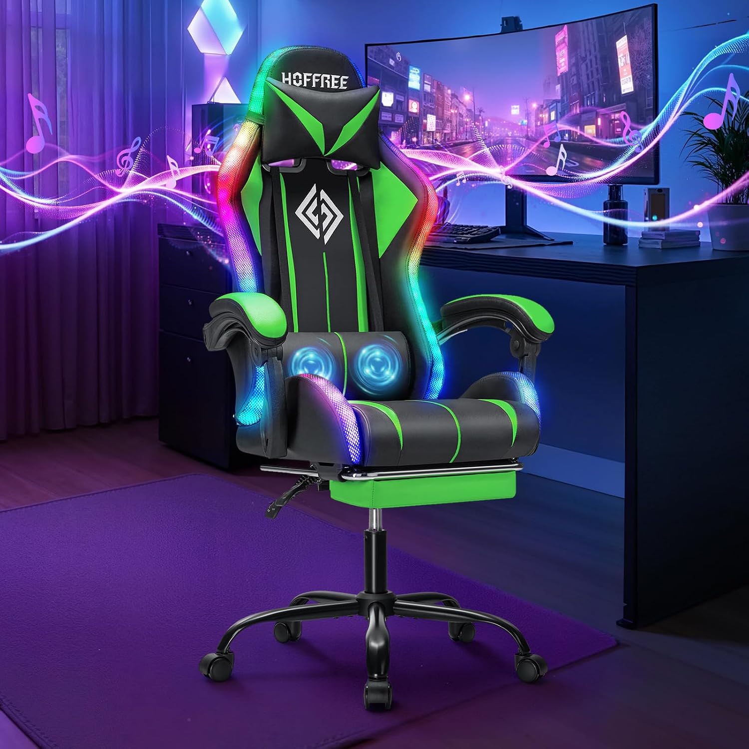 HOFFREE RGB Gaming Chair with Speakers Massage Computer Gaming Chair with LED Lights and Footrest High Back Video Game Chair for Adults Green and Black