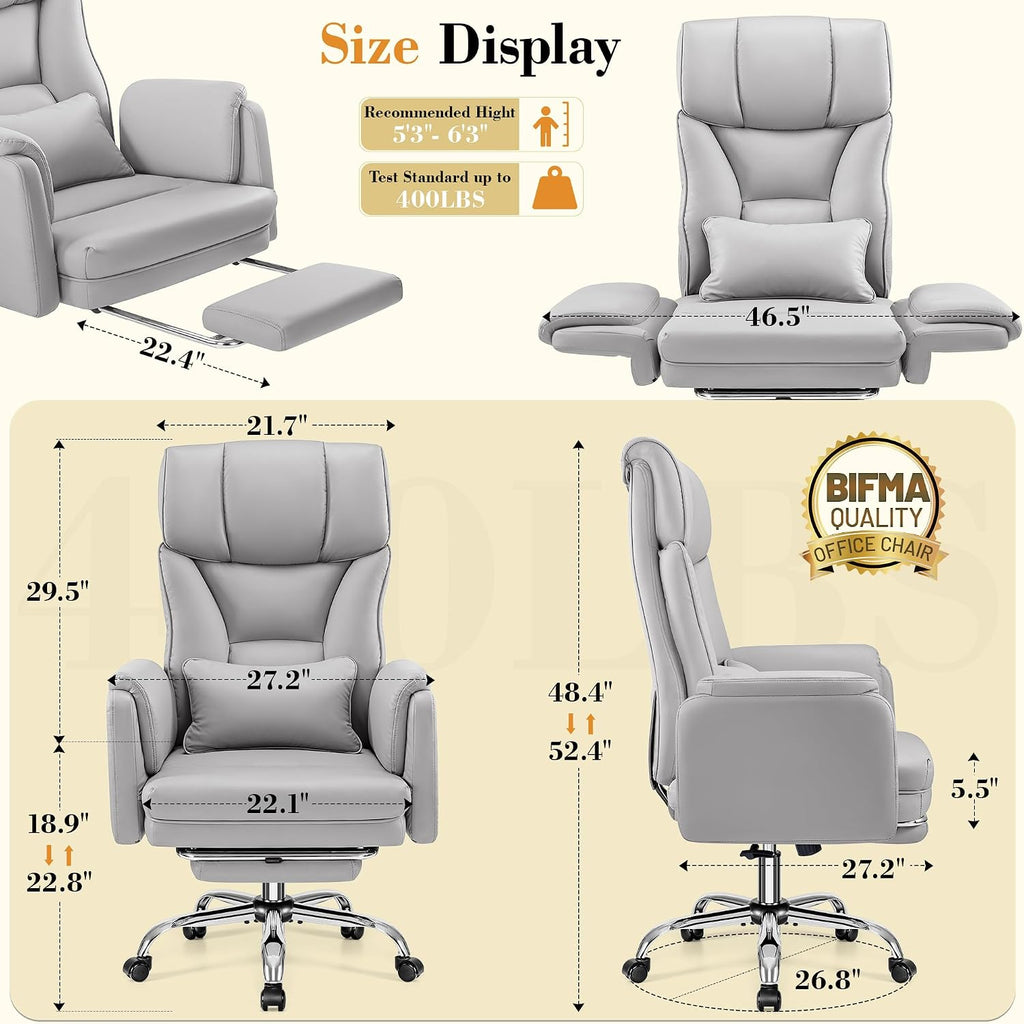 FelixKing Big and Tall Office Chair, 400LBS Wide Leather Executive Chair, Reversible Armrest for Pets Criss Cross Legged, 135° Reclining High Back Gaming Desk Chair with Lumbar Support Footrest, Gray