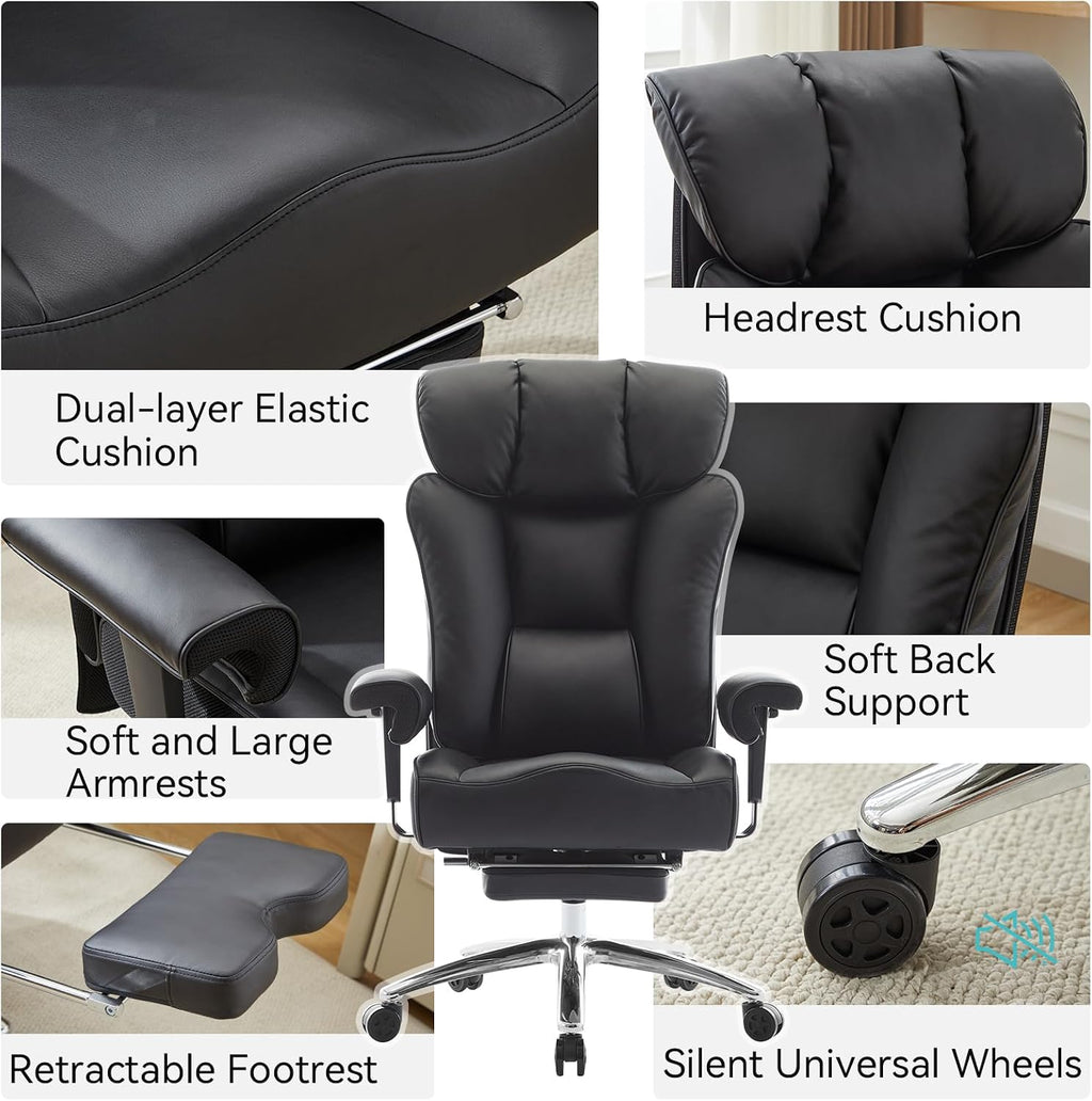 Efomao Big and Tall Office Chair 450lbs, 5.9' Thick Pocket Spring Executive Office Chair with Footrest, High Back PU Leather Desk Chair, Wide Seat Computer Chair, Black