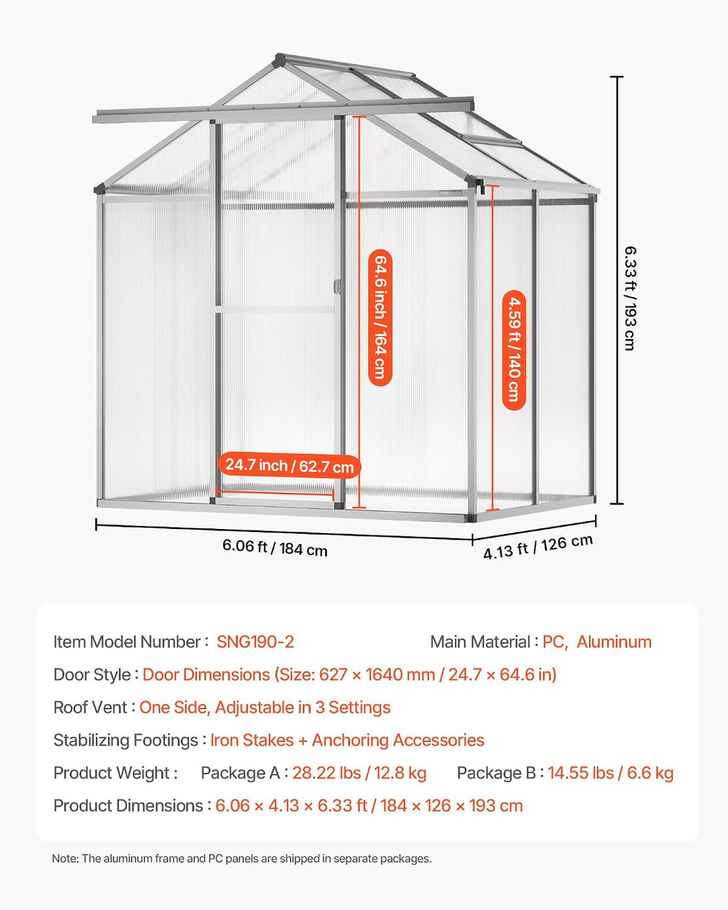 VEVOR Polycarbonate Greenhouse, 6 x 4 Ft, Outdoor Greenhouse with Adjustable Vent Windows, Pavilion Styled Green House with Sliding Door, Aluminum Large Walk-in Greenhouses Kit for Garden Backyard