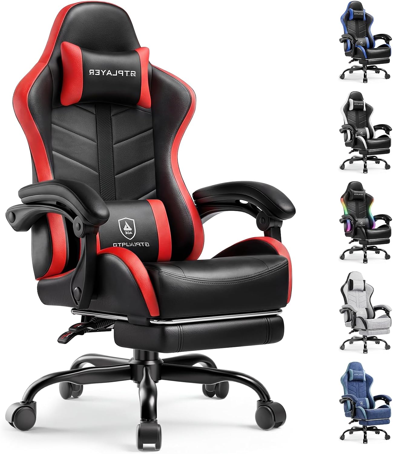 GTPLAYER Gaming Chair, Ergonomic Game Computer Chairs with Foot Rest for Adults, Adjustable PC Game Chair with Reclining Function and Comfortable Headrest for Home and Office Use (RED)
