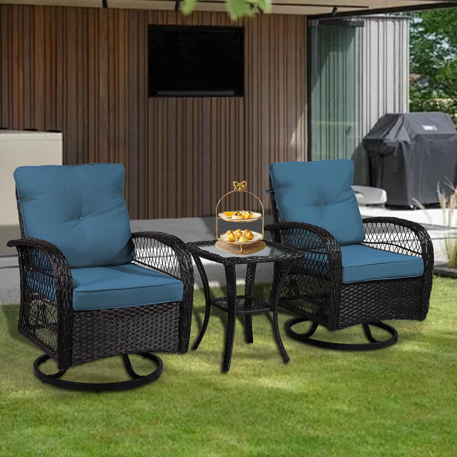 SHGJ&SOFT 3 Piece Patio Furniture Set, 2 Outdoor Swivel Rocking Chairs with Side Table, Wicker Glider Chairs, All-Weather Rattan Bistro Set for Porch, Deck, Pool (Blue, Brown Open-Weave Rattan)