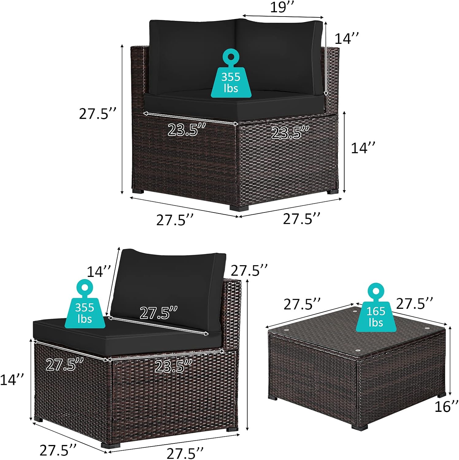 Tangkula 6 Pieces Patio Furniture Set, Outdoor Rattan Sofa Set, Wicker Conversation Set w/Tempered Glass Coffee Table & Cushions, Sectional Sofa Set for Backyard, Garden, Balcony, Poolside (Black)