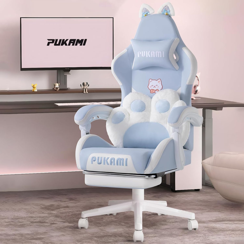 PUKAMI Gaming Chair with Cat Ears,Cute Computer Chair for Girl with Footrest,Ergonomic Gamer Chair, Kawaii Gaming Chair, Game Chair (Blue)