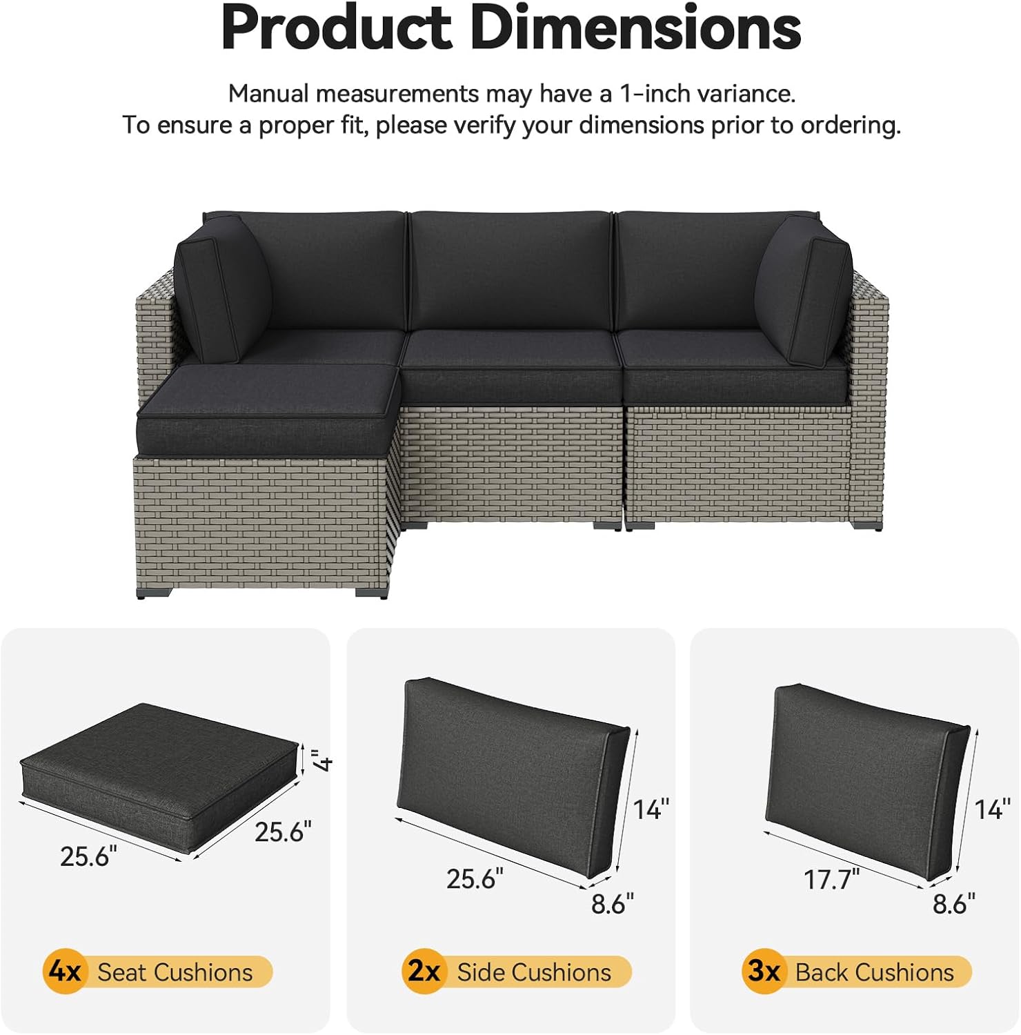 Aoxun Replacement Cushions for Outdoor Furniture, 9-Piece Outdoor Cushions for Patio Furniture, Deep Seat, Splash-Proof & Fade Resistant Couch Cushion for 4-Seat Patio Conversation Sets, Black