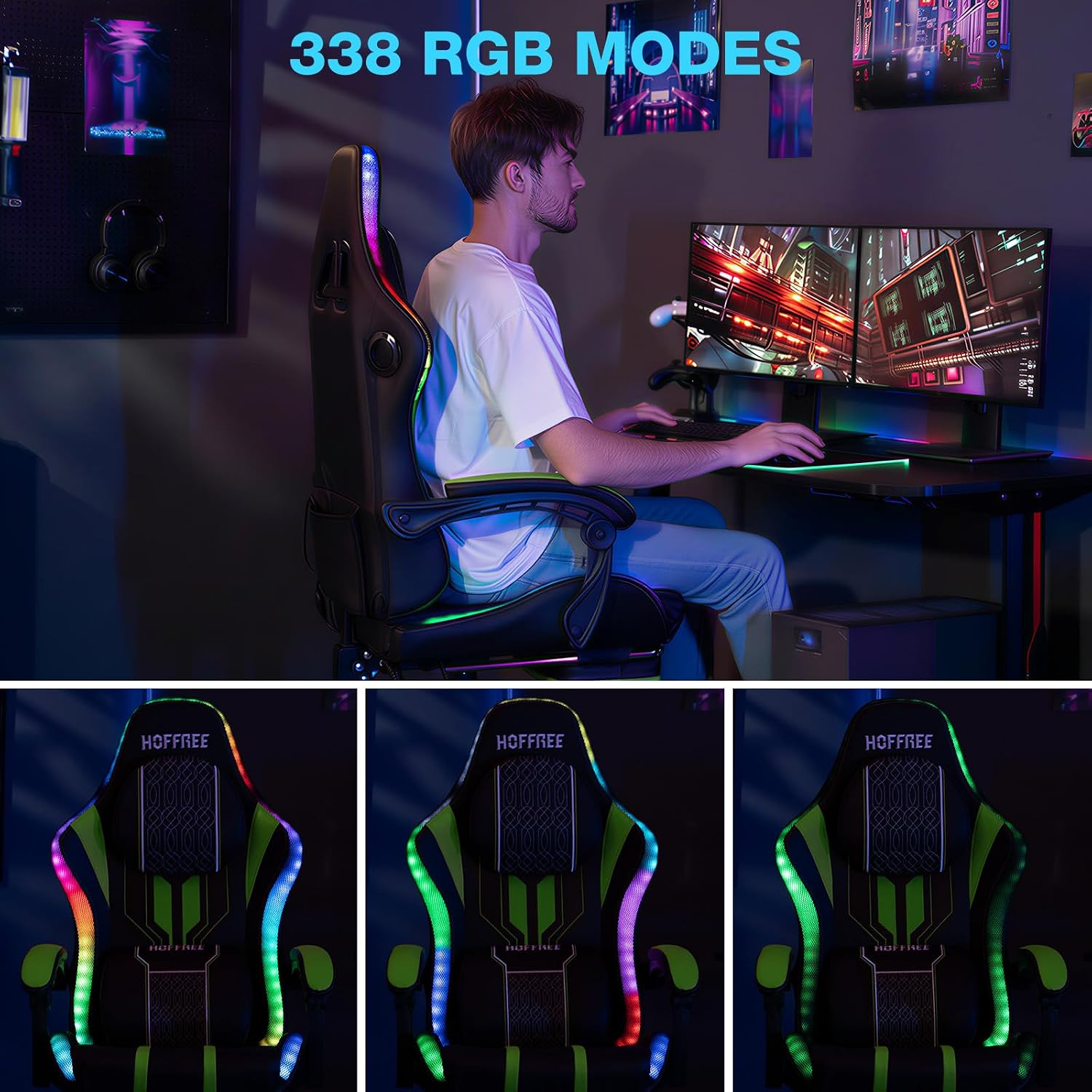 HOFFREE LED Gaming Chair with Bluetooth Speakers Massage Gaming Chair with RGB Lights Big and Tall Gamer Chair for 400lbs Heavy People High Back Computer Desk Chair with Footrest Green and Black