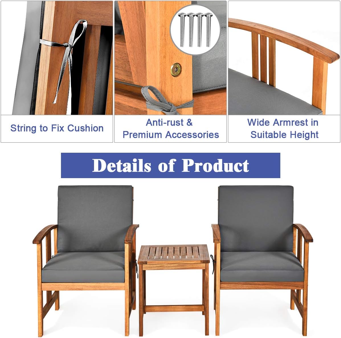 Tangkula 3 Pieces Patio Furniture Set, Includes Set of 2 Outdoor Acacia Wood Cushioned Chairs and Coffee Table, for Garden, Backyard, Poolside, Bistro and Deck, Patio Conversation Chat Set (Gray)