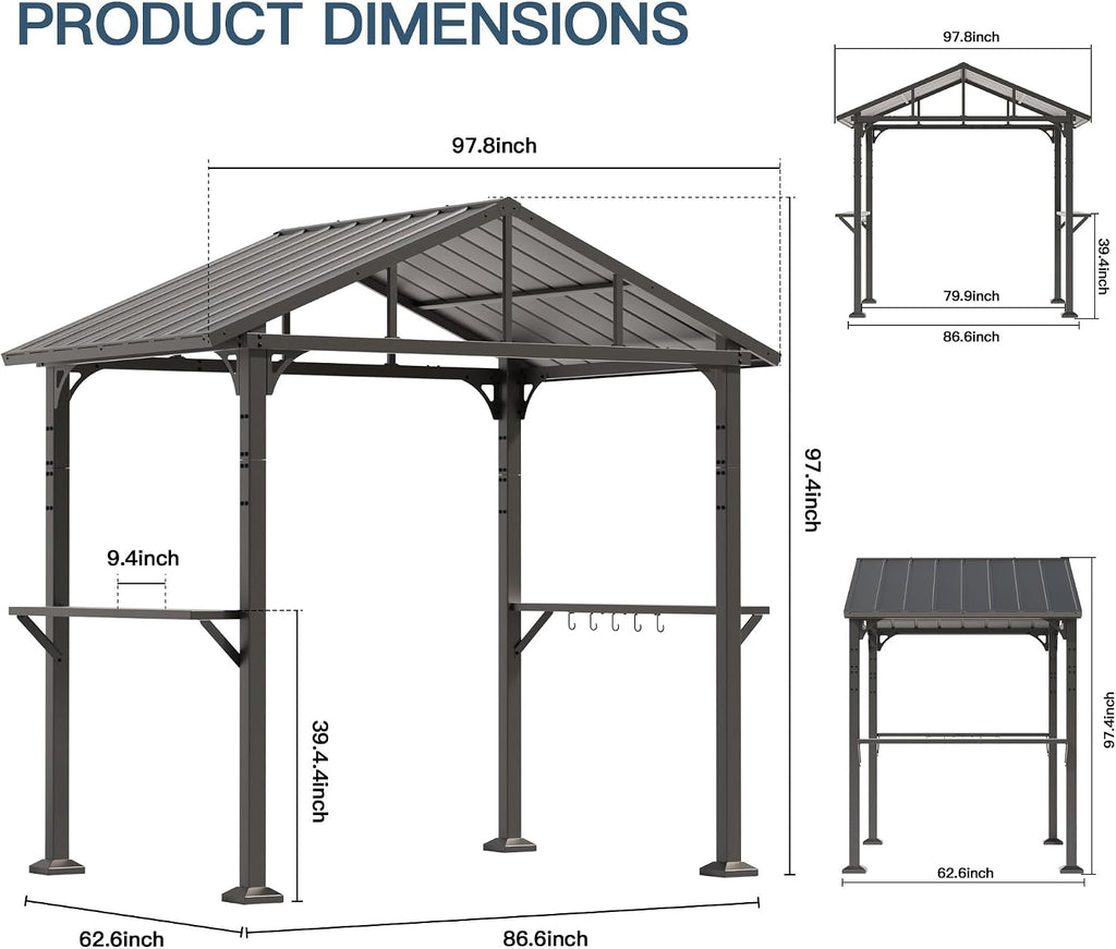 Kullavik 8' x 5' Hardtop Grill Gazebo,Outdoor BBQ Gazebo with Galvanized Steel Roof and Ceiling Hook,BBQ Pavilion with 2 Side Shelves and 5 Side Hooks for Patio Lawn Backyard Garden