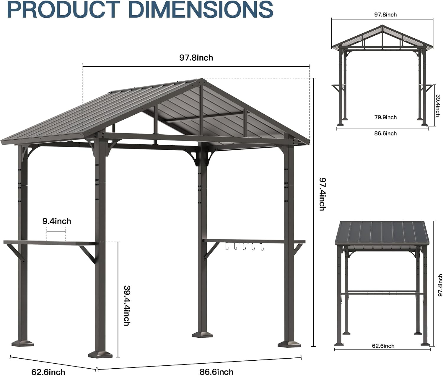 Kullavik 8' x 5' Hardtop Grill Gazebo,Outdoor BBQ Gazebo with Galvanized Steel Roof and Ceiling Hook,BBQ Pavilion with 2 Side Shelves and 5 Side Hooks for Patio Lawn Backyard Garden
