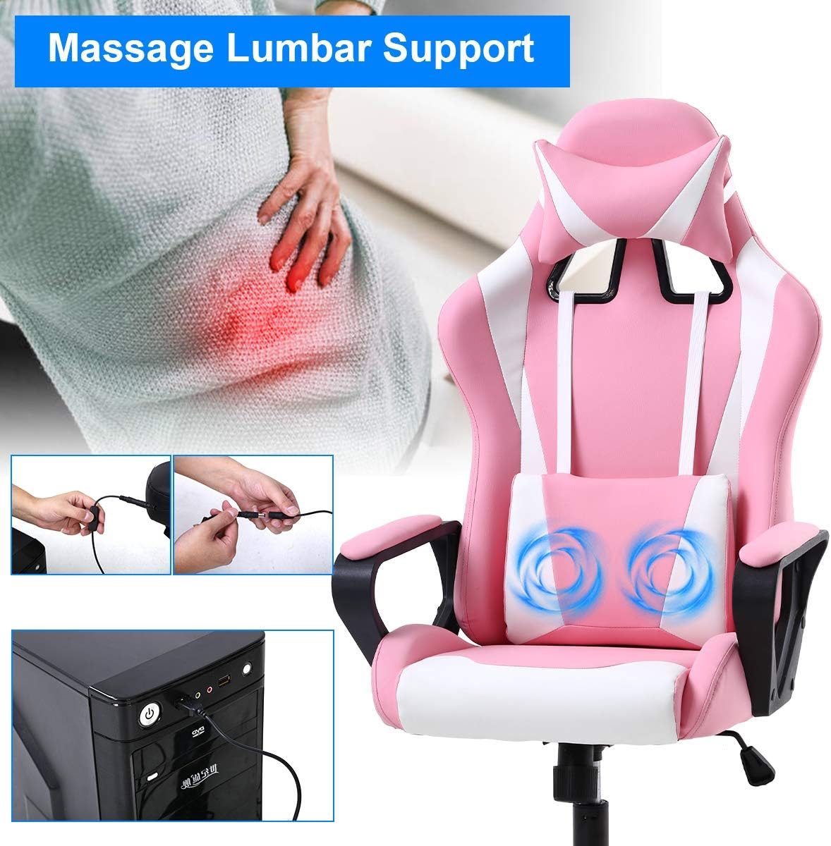 PC Gaming Chair Office Chair Racing Desk Chair with Lumbar Support Arms Headrest Massage High Back PU Leather Ergonomic Computer Chair Rolling Adjustable Swivel Chair for Women Men Adult, Pink