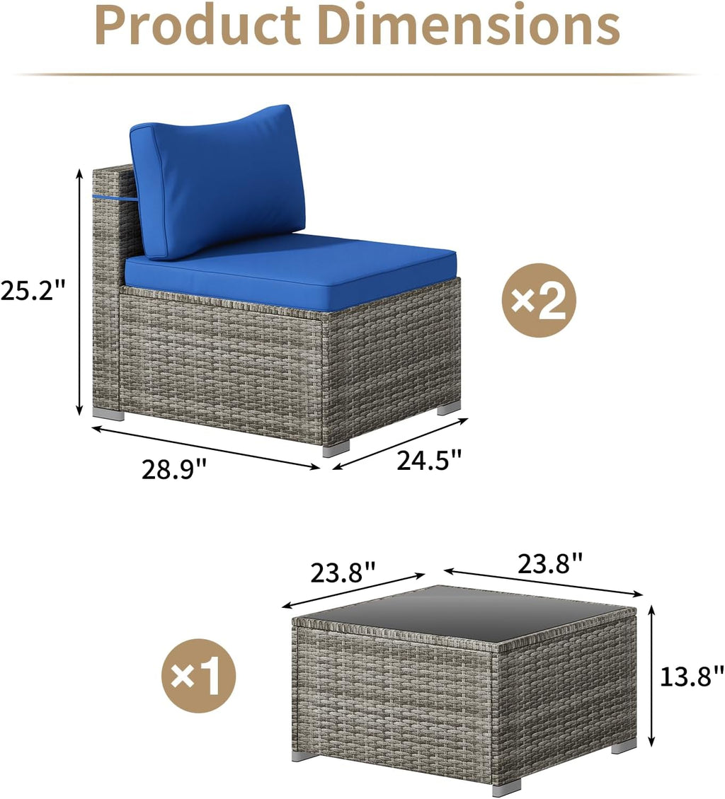 Tradare 3 Piece Patio Furniture Set, Outdoor Wicker Patio Sofa Set, PE Rattan Sectional Couch with Glass Table and Blue Cushions, All-Weather 3 Piece Outdoor Patio Furniture Sets, Grey