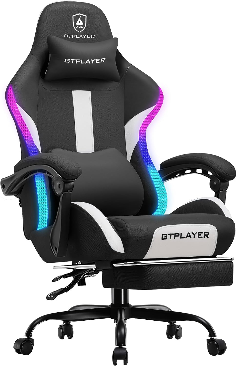 GTPLAYER RGB Gaming Chair with Footrest, LED Lights, Ergonomic Computer Chair with Linkage Armrest, Breathable Fabric for Home Office Desk - Video Game Chairs for Adults, Standard RGB