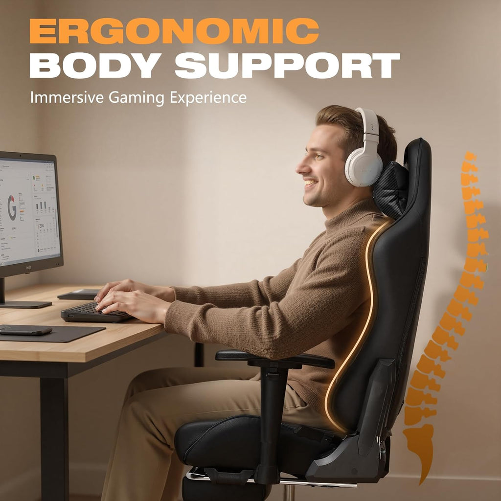 Gaming Chair with Footrest, Ergonomic High-Back PU Leather Computer Chair with 3D Adjustable Armrests, Headrest and Lumbar Support, Office Desk Chair with Diamond Stitching for Adults & Teen