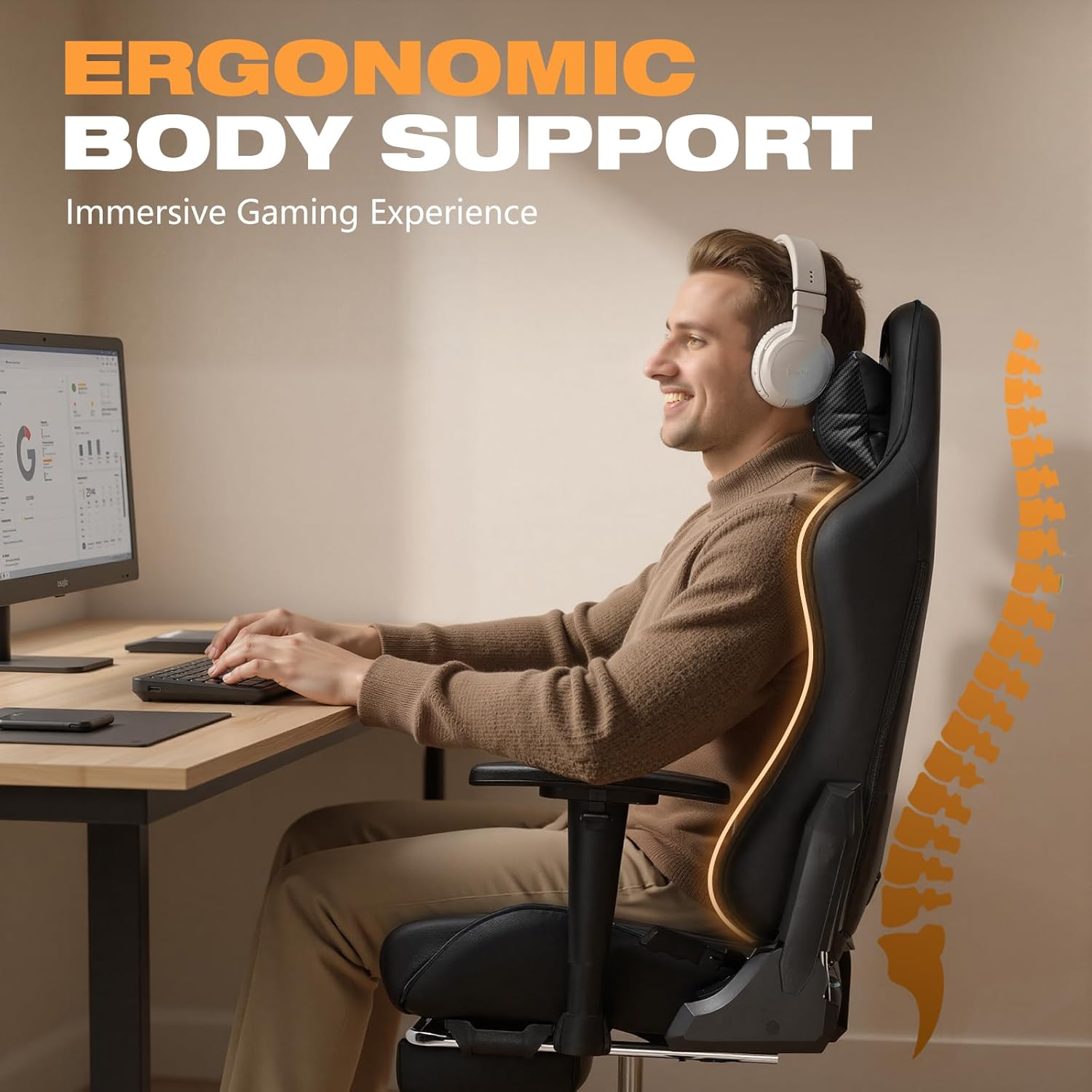 Gaming Chair with Footrest, Ergonomic High-Back PU Leather Computer Chair with 3D Adjustable Armrests, Headrest and Lumbar Support, Office Desk Chair with Diamond Stitching for Adults & Teen