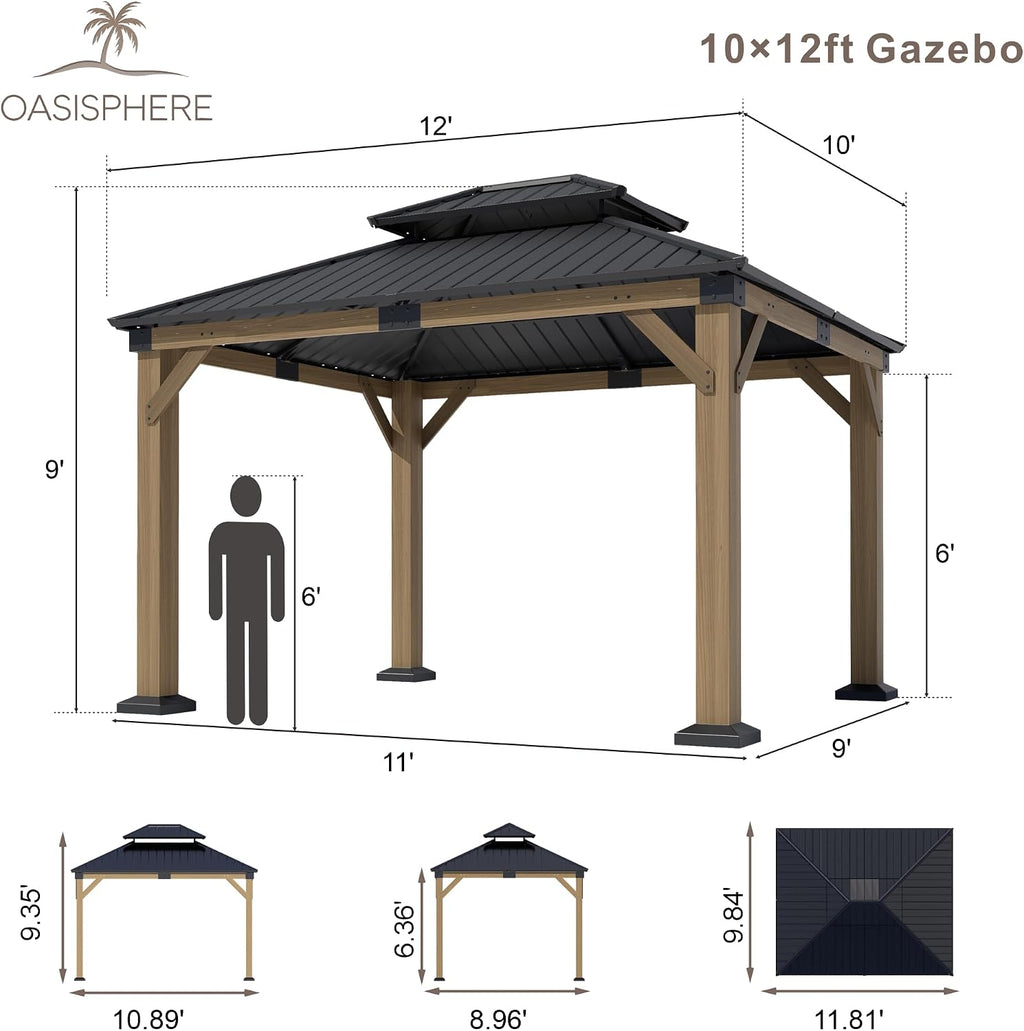 10' x 12' Wood Gazebo, Hardtop Gazebo Permanent Wooden Pavilion with Galvanized Steel Double Roof, Cedar Outdoor Gazebo with 4.72' Thick Posts for Patio, Backyard, Garden and Deck