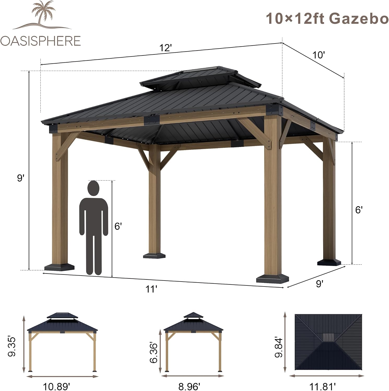 10' x 12' Wood Gazebo, Hardtop Gazebo Permanent Wooden Pavilion with Galvanized Steel Double Roof, Cedar Outdoor Gazebo with 4.72' Thick Posts for Patio, Backyard, Garden and Deck