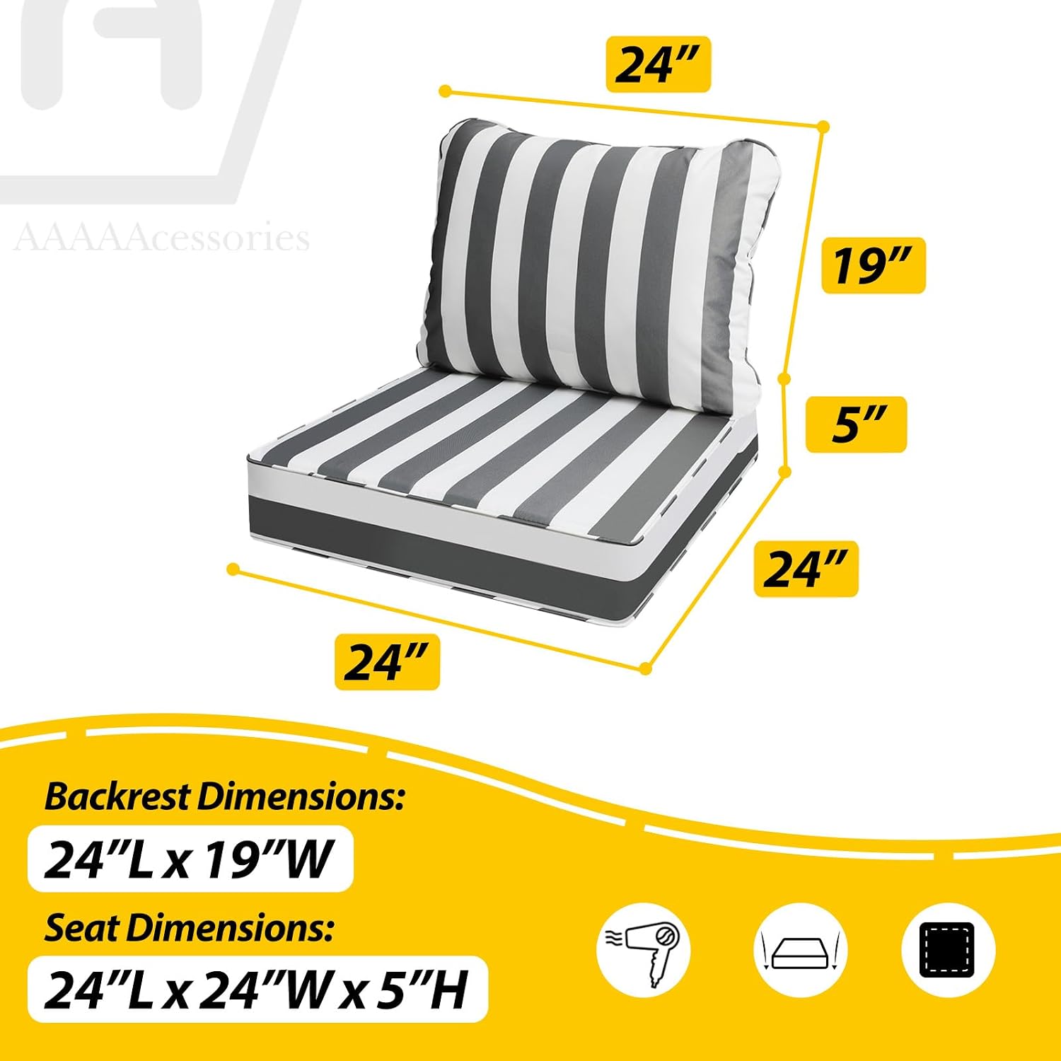 AAAAAcessories Outdoor Deep Seat Cushions, Waterproof, Fade-Resistant Patio Furniture Replacement Cushions, 24' x 24' x 5', Set of 4, Gray Cabana Stripe
