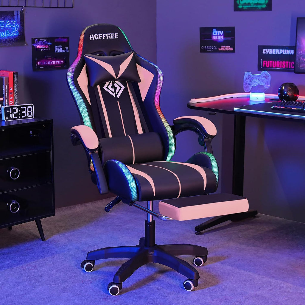 Gaming Chair with Speakers and Lights Ergonomic Computer Gaming Chair with Footrest LED RGB Lights Massage High Back Music Video Game Chair with Lumbar Support Pink and Black