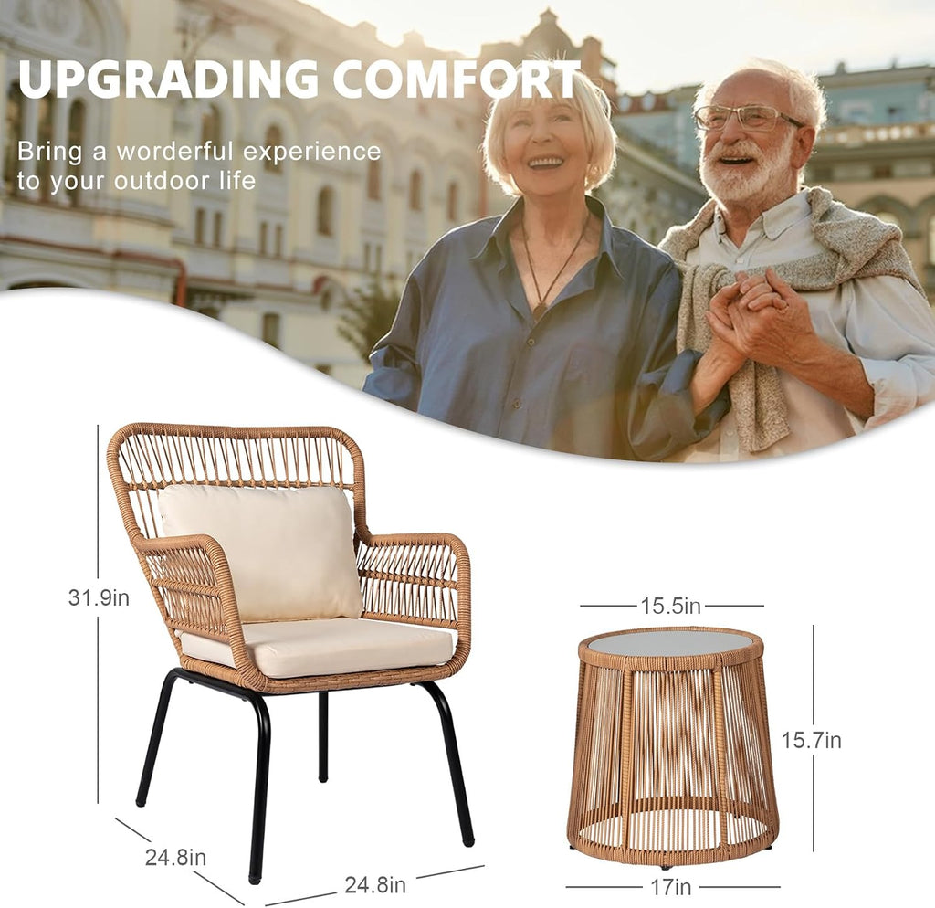 3 Piece Outdoor Wicker Furniture Bistro Set, Rattan Chairs Conversation Sets with Solar Light, Wicker Patio Furniture for Balcony Poolside Backyard, Beige