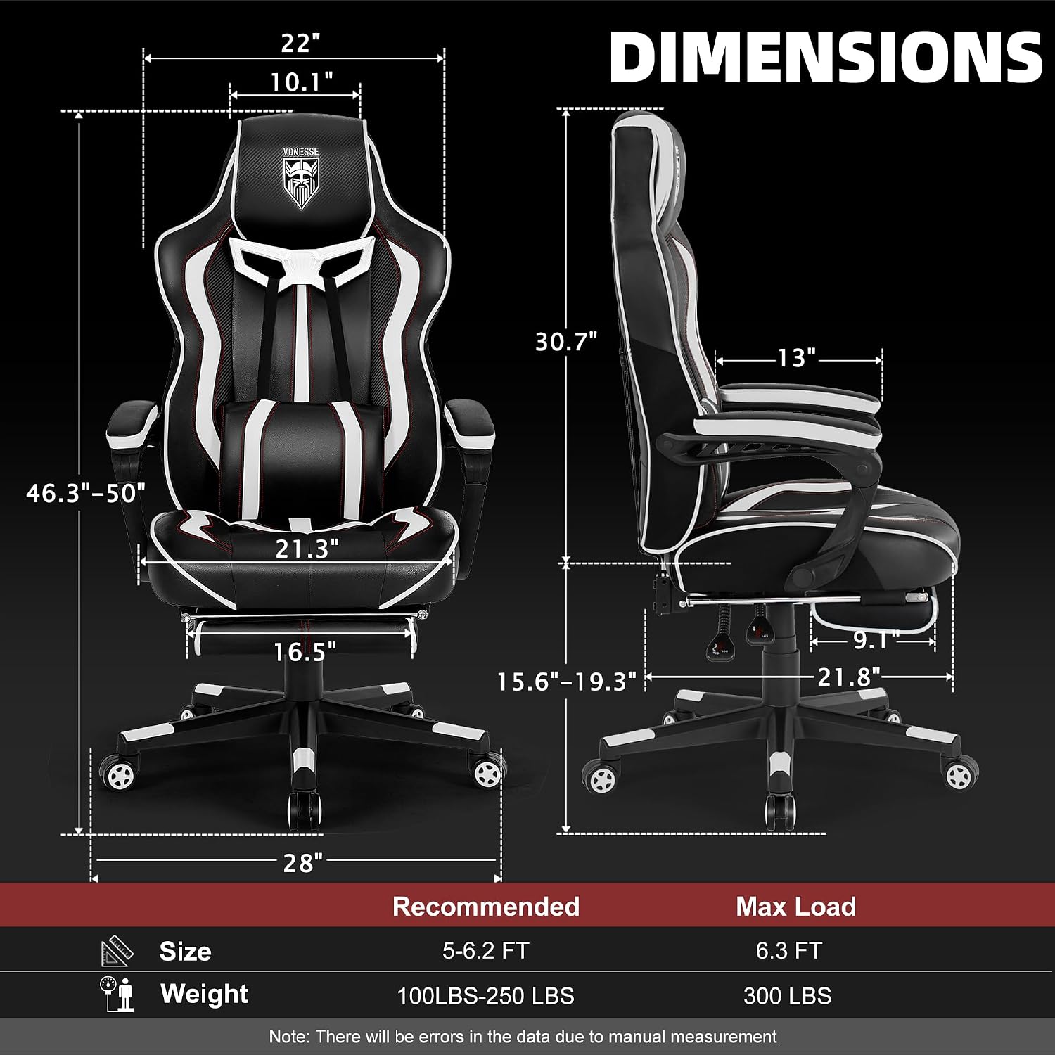 Vonesse Gaming Chair with Footrest,Reclining Computer Gaming Chair for Adults,Big and Tall Gamer Chair with Massage,Ergonomic High Back (White/Black)