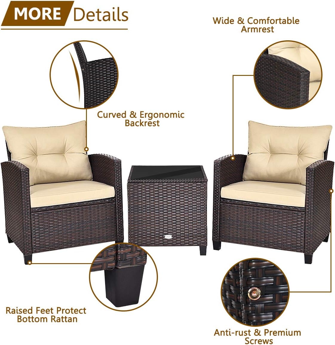 KOTEK 3 Piece Patio Furniture Set, Outdoor Conversation Set with Washable Cushions & Tempered Glass Tabletop, PE Rattan Wicker Bistro Set for Porch, Garden, Balcony (Beige)